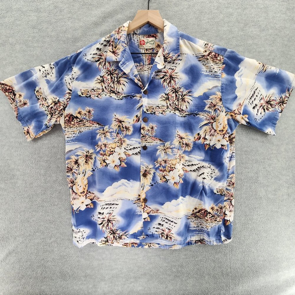 Hilo Hattie Hawaiian Shirt Adult XL Blue Floral Palm Trees Clouds Soft Tropical